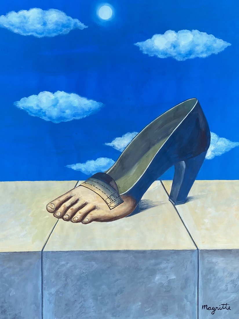 Rene Magritte (Gouache on Paper): This lot consists of a framed gouache painting on paper, rendered in the surrealist style of Rene Magritte (Belgian, 1898-1967). Measures of the painting unframed: 16 x 12 inches. Private collection.
