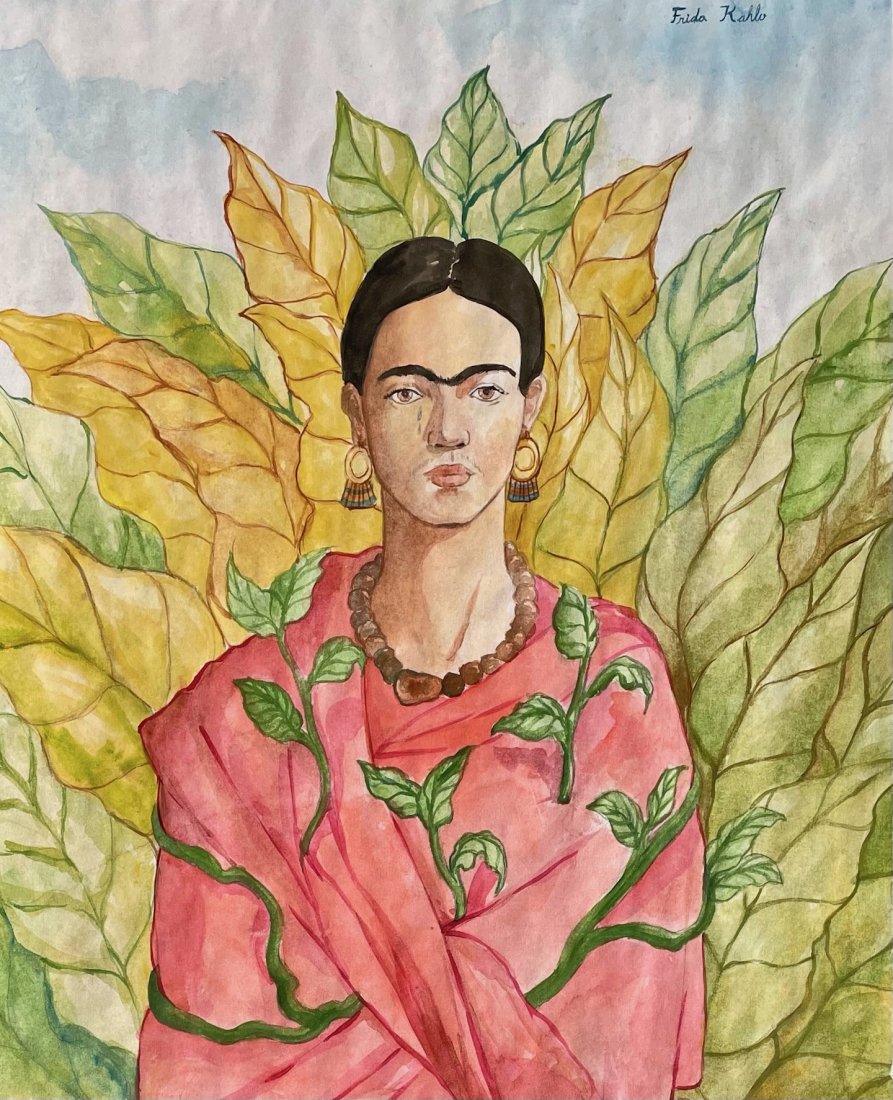 Frida Kahlo (Watercolor on paper): This lot consists of a framed watercolor painting on paper, rendered in the style of Frida Kahlo (Mexican, 1907-1954). Measures of the painting unframed: 15 x 12 inches. Private collection.