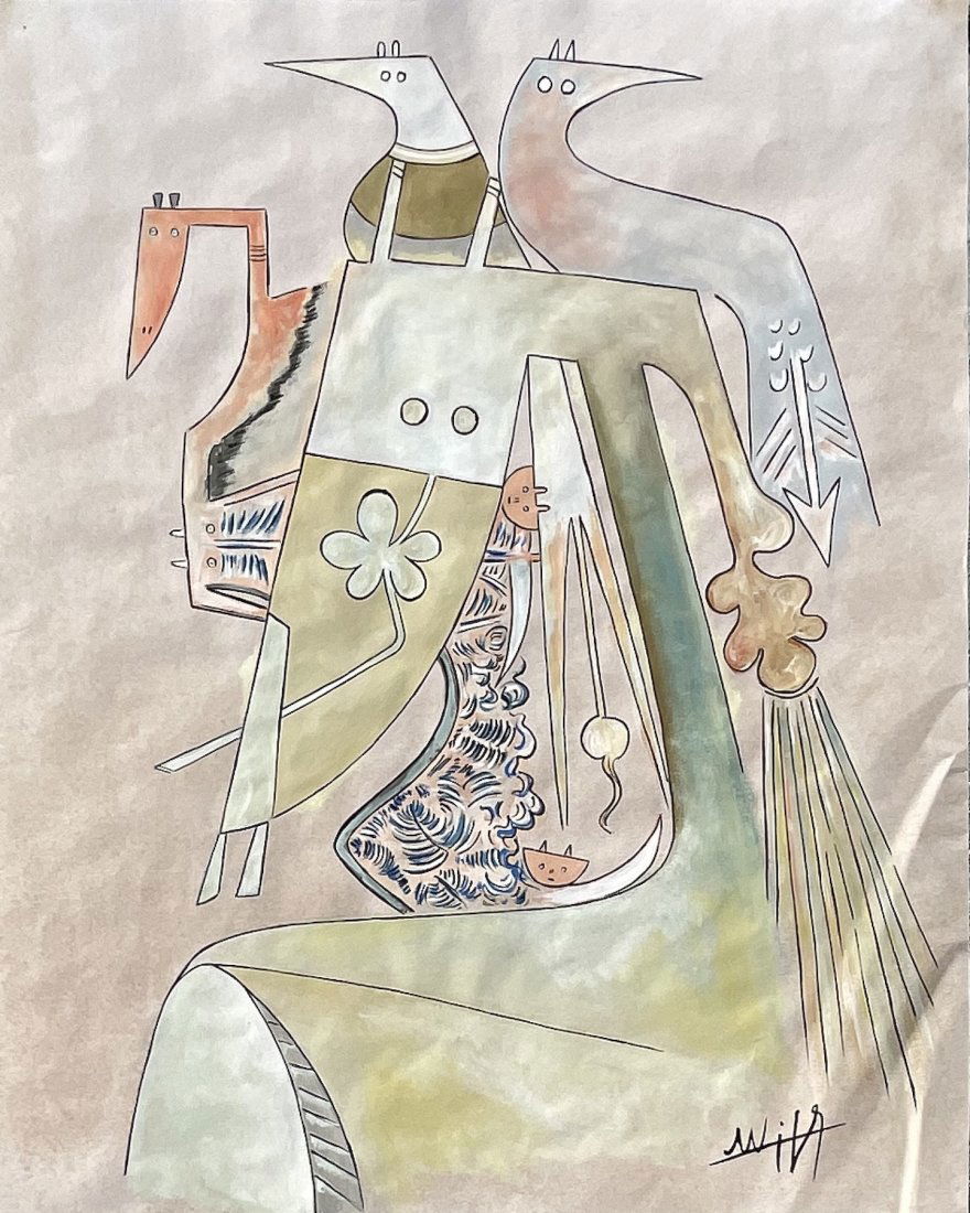 Wifredo Lam (Gouache on Paper): This lot consists of a framed gouache painting on paper, rendered in the style of Wifredo Lam (Cuban, 1902-1982). Measures of the painting unframed: 16 x 13 inches. Private collection.