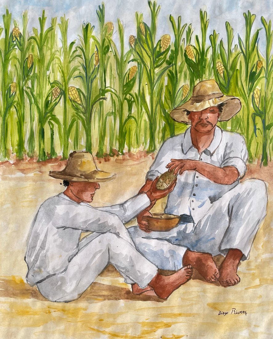 Diego Rivera (Watercolor on Paper): This lot consists of a framed watercolor painting on paper, rendered in the style of Diego Rivera (Mexican, 1886-1957). Measures of the painting unframed: 15.5 x 12.5 inches. Private collection.