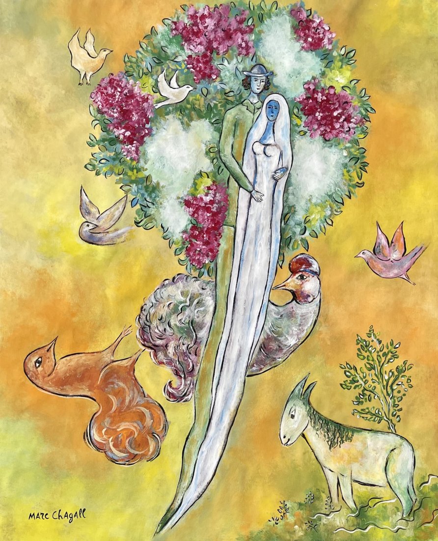 Marc Chagall (Gouache on Paper): This lot consists of a framed gouache painting on paper, rendered in the expressionist style of Marc Chagall (Russian-French, 1887-1985). Measures of the painting unframed: 15.5 x 12.5 inches. Private