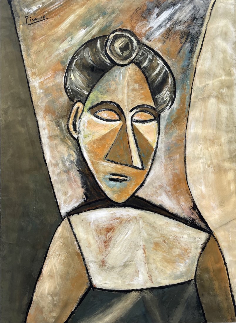 Pablo Picasso (Gouache on Paper): This lot consists of a framed gouache painting on paper, rendered in the cubist style of Pablo Picasso (Spanish, 1881-1973). Measures of the painting unframed: 14 3/8 x 10.5 inches. Private collection