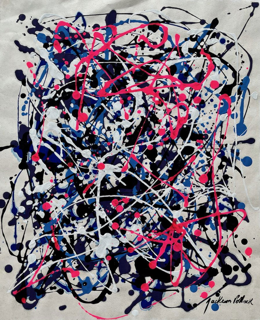 Jackson Pollock (Gouache on Paper): This lot consists of a framed gouache painting on paper, rendered in the abstract style of Jackson Pollock (American, 1912-1956). Measures of the painting unframed: 14.5 x 12 inches. Private collectio