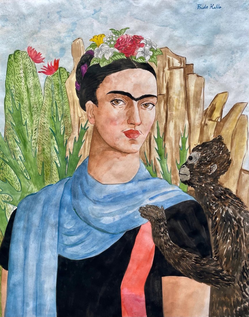 Frida Kahlo (Watercolor on Paper): This lot consists of a framed watercolor painting on paper, rendered in the style of Frida Kahlo (Mexican, 1907-1954). Measures of the painting unframed: 18 x 14 inches. Private collection.