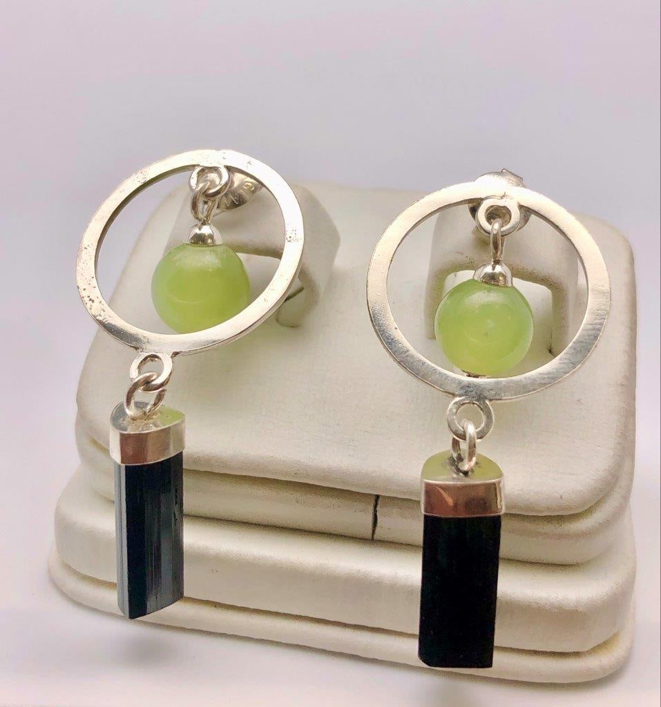 Best DESIGN EARRINGS - Jade with Black Tourmaline in Sterling Silver: Best DESIGN EARRINGS - Jade with Black Tourmaline in Sterling Silver Shipping: