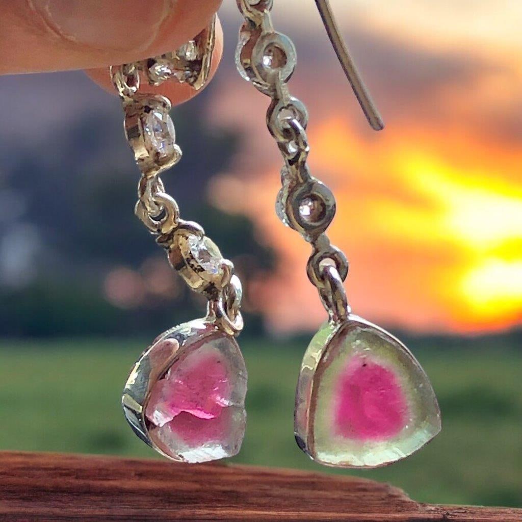 Watermalon Tourmaline Slices Silver Earrings: Watermalon Tourmaline Slices Silver Earrings Stone Weight: 15 CaratsJewelry Weight: 5.20 GramsZircons: 60 CentsMetal: Silver Choose design of your own and we will make it for youWe accept custom order