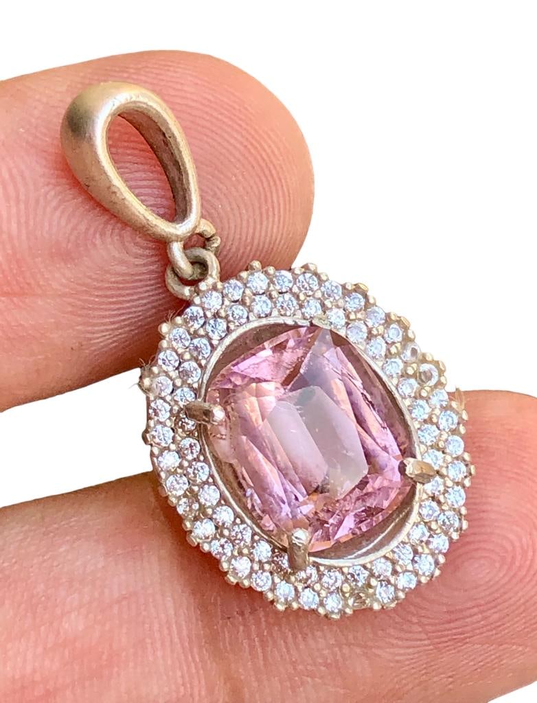 Baby Pink Tourmaline Necklace Pendant: Baby Pink Tourmaline Necklace PendantStone Weight: 6.5 CaratsJewelry Weight: 4.09 GramsZircons: 60 CentsMetal: Silver Choose design of your own and we will make it for youWe accept custom order in Ste