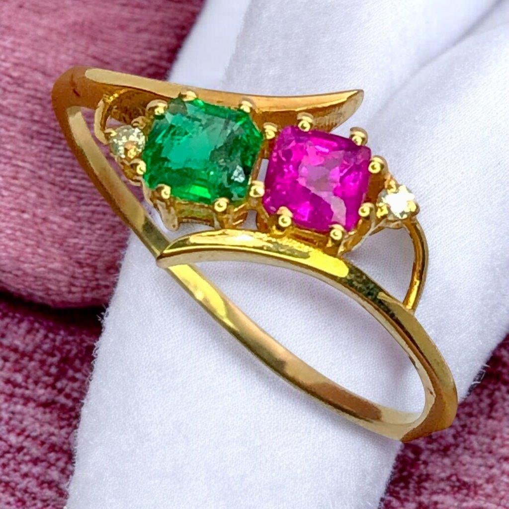 Natural Emerald & RUBY Solid 18K Gold RING With Diamonds – Ring Size 8 US - 4