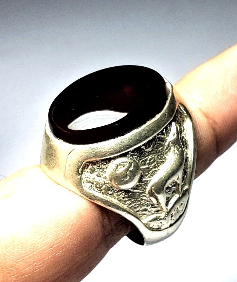 Old Style Sterling Silver Agate Ring - 3