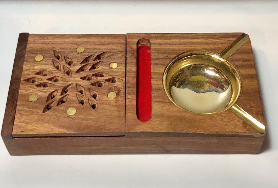 Hand Carved Wooden Cigarette/Sigar Ashtray Box with Removable Brass Bowl (8 x 4 x 1.5 inches, 280g) (1 of 9)