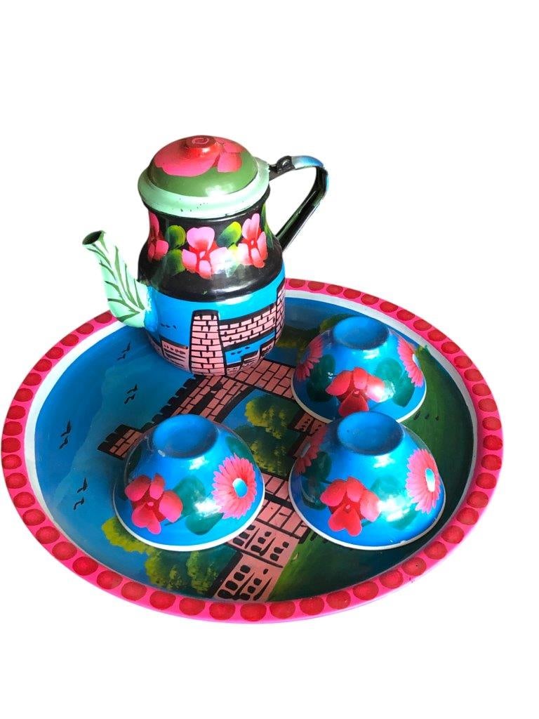 Hand Painted Truck Art Tea Set (12" Tray, 3 Cups) - Pakistani Folk Art & Kitchen Decor: Hand Painted Truck Art Tea Set (12" Tray, 3 Cups) - Pakistani Folk Art & Kitchen Decor FREE SHIPPING: