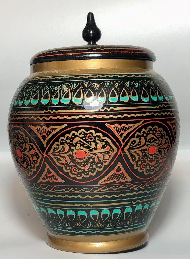 Hand-Painted Wooden Urn Jar (5.5 x 4.5 inches, 370g) - Multicolored Floral & Geometric Home Decor (1 of 8)