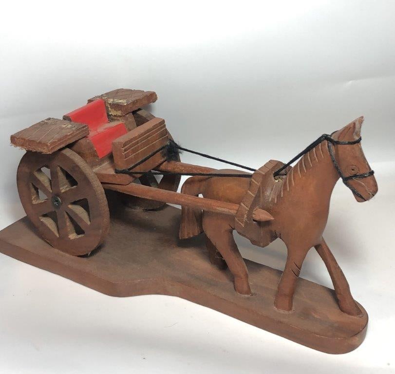 Hand Carved Wooden Horse & Cart Figurine (9 x 3.3 x 3.3 inches, 283g) - Rustic Decor (1 of 7)