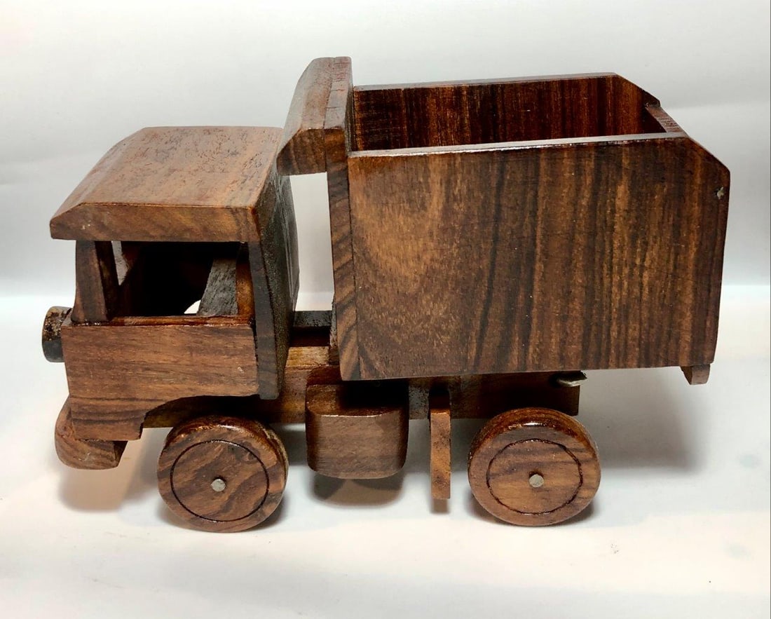 Hand Carved Wooden Miniature Dump Truck - Wood Desk Decor Sculpture - 7.5" x 4.5" x 3" - 380g (1 of 6)