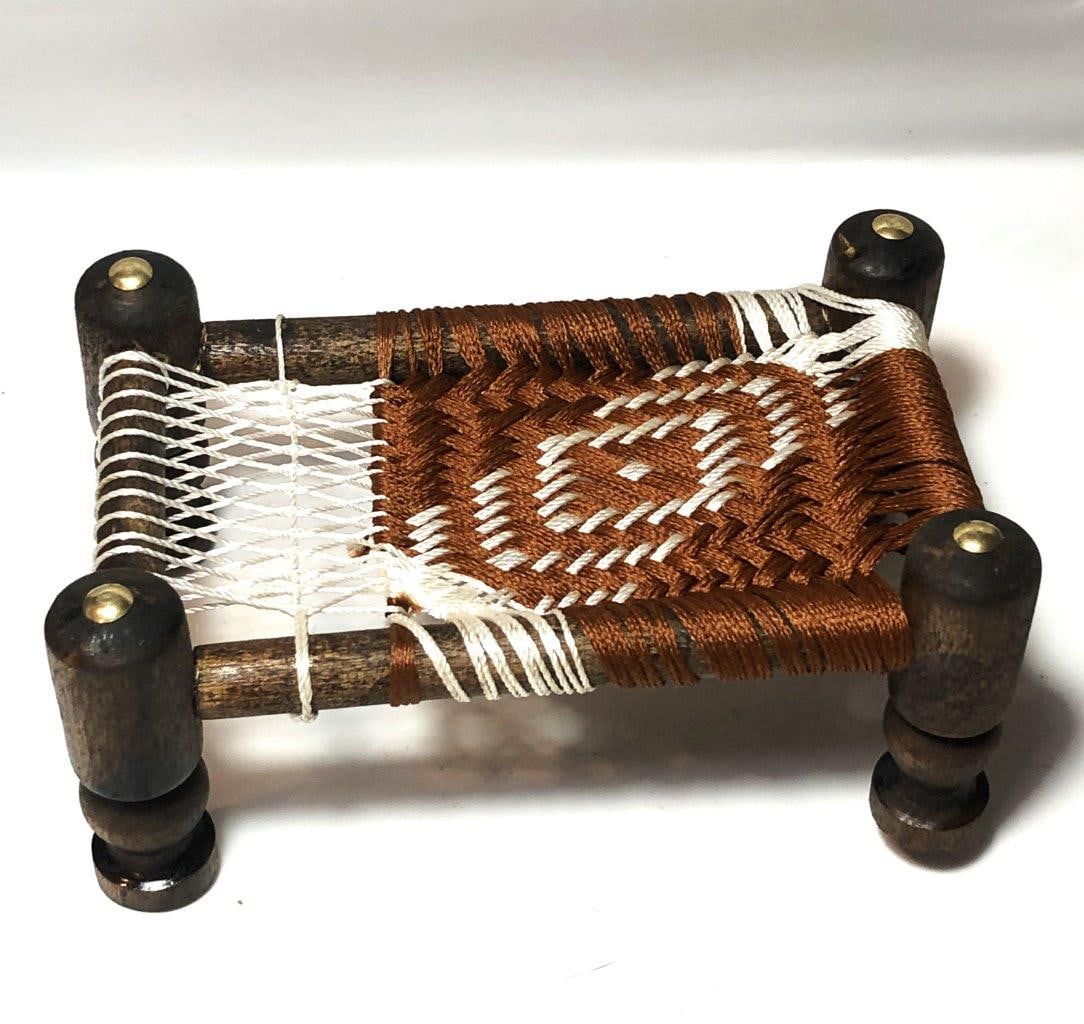 Miniature Handwoven Charpoy (6 x 3.5 x 2.5 inches, 68g) - Brown & White Punjabi Handicraft Decor (1 of 5)