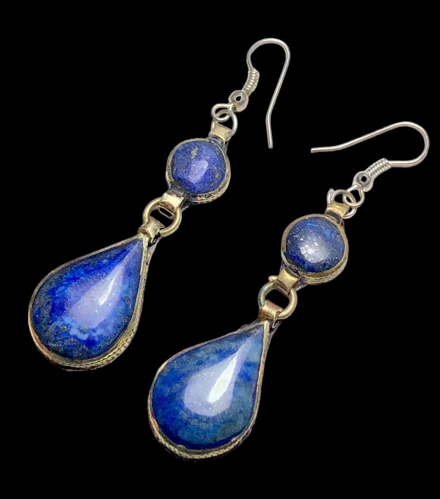 Lapis Pendant Brass Earrings Handmade (1 of 4)