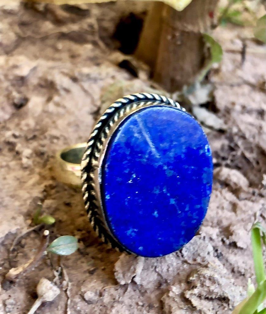Lapis Lazuli Ring, Brass Statement Ring - 3