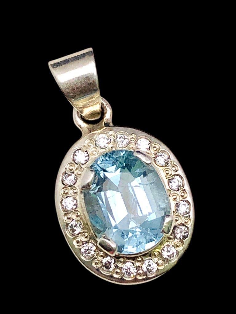 Aquamarine Blue Pendant Size 6.5 Sterling Silve 7ct Natural gem 925 Silver Fleur De Lis Deco (1 of 3)