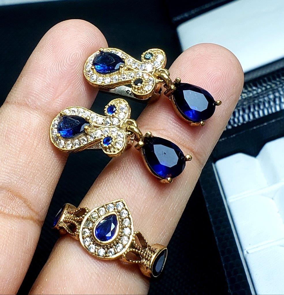 Royal Blue Stones Stylish Earrings and Ring: Bronze Turkish Jewelry - Royal Blue Stones Stylish Earrings and Ring FREE SHIPPING Shipping rates are determined by Parcel weight and destination.