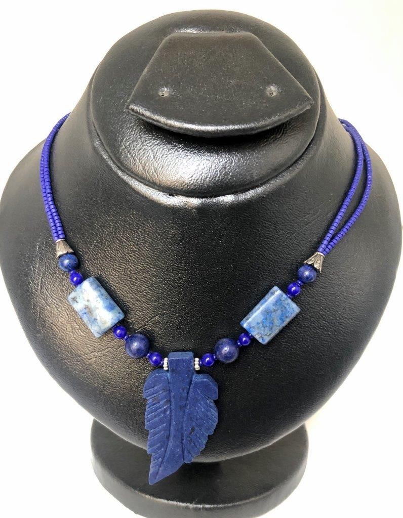 Lapis Carved Leaf Necklace – Natural Blue Gemstone – Vintage Estate Jewelry: an elegant hand carved lapis lazuli necklace showcasing the rich royal blue coloration for which this gemstone is prized. The stone displays natural variations and may show subtle pyrite inclusions, a