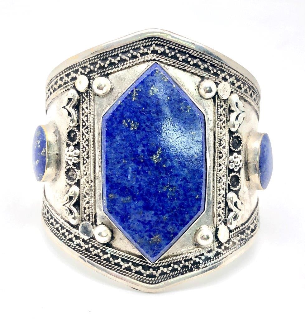 Stunning Lapis Lazuli Bangle Bracelet – Brass Cuff with Natural Blue Gemstone (1 of 3)
