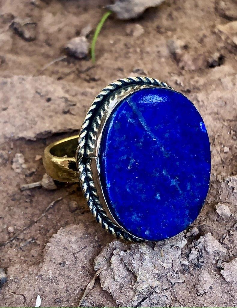 Lapis Lazuli Ring, Brass Statement Ring - 2