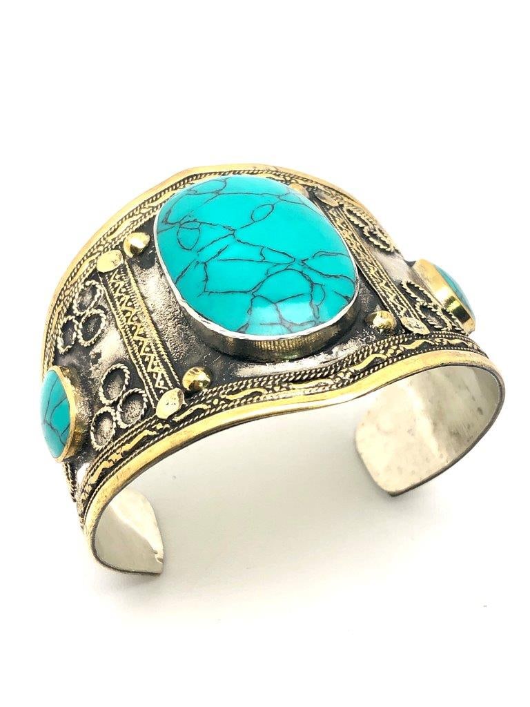 Chinese Turquoise & Brass Bangle Bracelet – Round Natural Stone Accents – Vintage Ethnic Jewelry: Offered is a striking Chinese turquoise and brass bangle bracelet accented with round natural turquoise stones. The vibrant cabochons display characteristic matrix veining and tonal variation, ranging