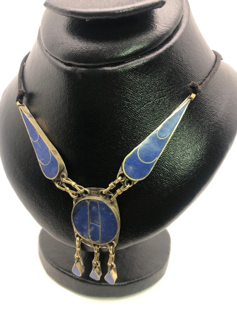 Vintage Style Lapis Necklace – Natural Blue Gemstone – Vintage Estate Jewelry: an elegant hand carved lapis lazuli necklace showcasing the rich royal blue coloration for which this gemstone is prized. The stone displays natural variations and may show subtle pyrite inclusions, a