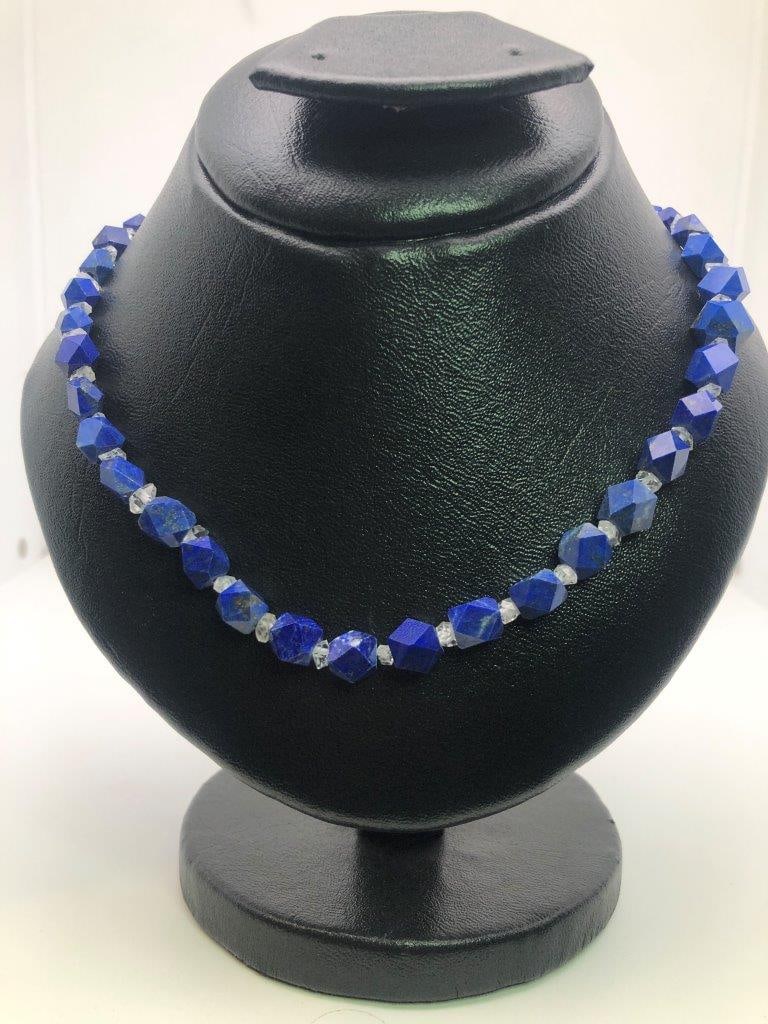 Lapis Lazuli Faceted Carved Necklace – Natural Blue Gemstone – Vintage Estate Jewelry: an elegant hand carved lapis lazuli necklace showcasing the rich royal blue coloration for which this gemstone is prized. The stone displays natural variations and may show subtle pyrite inclusions, a