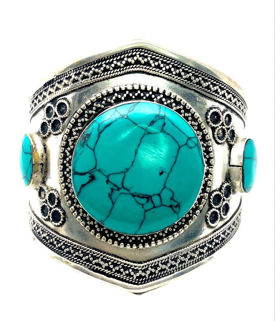 Chinese Turquoise & Brass Bangle Bracelet – Round Natural Stone Accents – Vintage Ethnic Jewelry: Offered is a striking Chinese turquoise and brass bangle bracelet accented with round natural turquoise stones. The vibrant cabochons display characteristic matrix veining and tonal variation, ranging