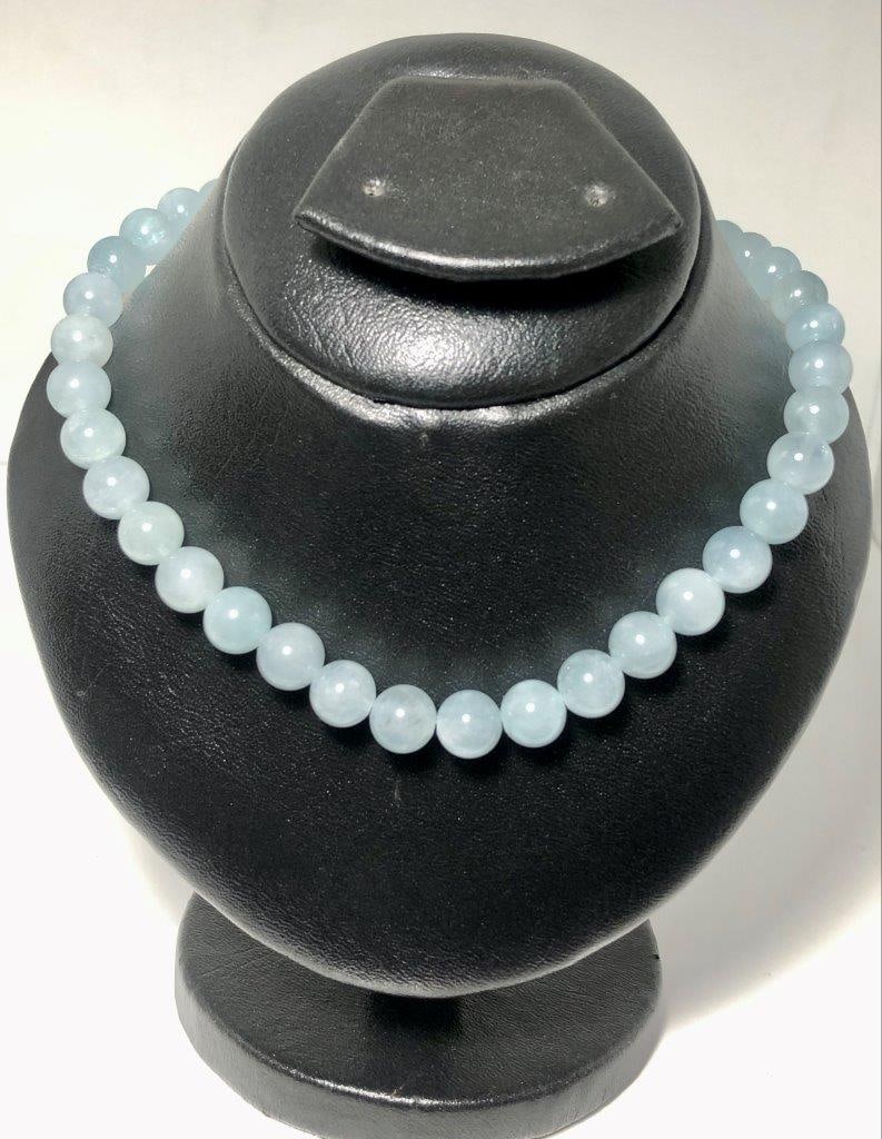 Aquamarine Beaded Necklace – 12mm Natural Blue Crystal Jewelry: Bring serenity and elegance to your look with this 12mm aquamarine beaded necklace. Crafted from natural aquamarine gemstones, each bead showcases soothing blue tones reminiscent of the ocean, making
