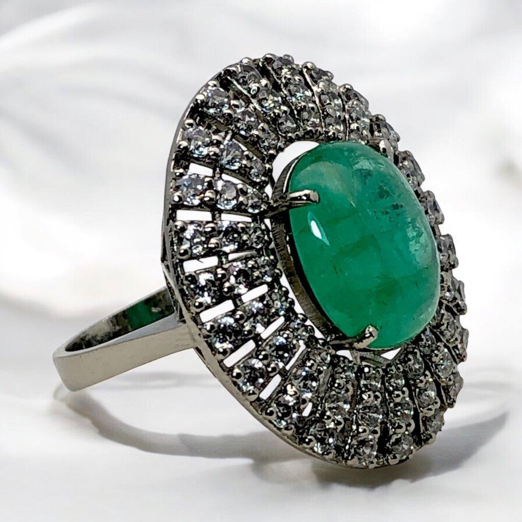 Natural Emerald CAB RING in Sterling Silver - RING Size 8 US (1 of 5)