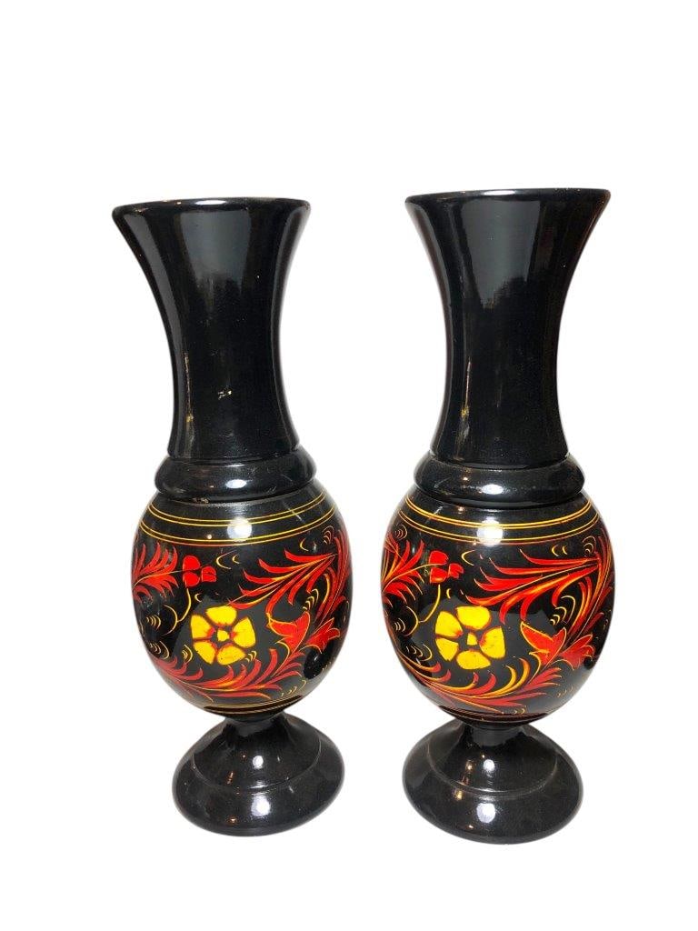 Pair of Hand Painted Wooden Vases (11" Tall, 4" Wide, 620g Each) - Floral Folk Art Decor: Pair of Hand Painted Wooden Vases (11" Tall, 4" Wide, 620g Each) - Floral Folk Art Decor FREE SHIPPING: