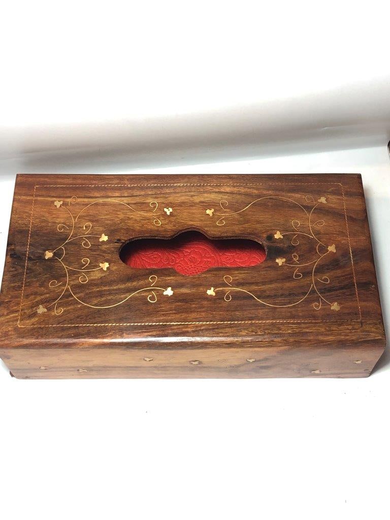 Hand Carved Wooden Tissue Box Cover - Inlaid Brass Floral Design - 11" x 5.5" x 3" - 605g (1 of 7)