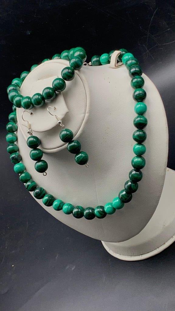 Natural Gemstone Beads Bracelet Necklace & Earrings Set MALACHITE JEWELRY: Natural Gemstone Beads Bracelet Necklace & Earrings Set MALACHITE JEWELRY Shipping:
