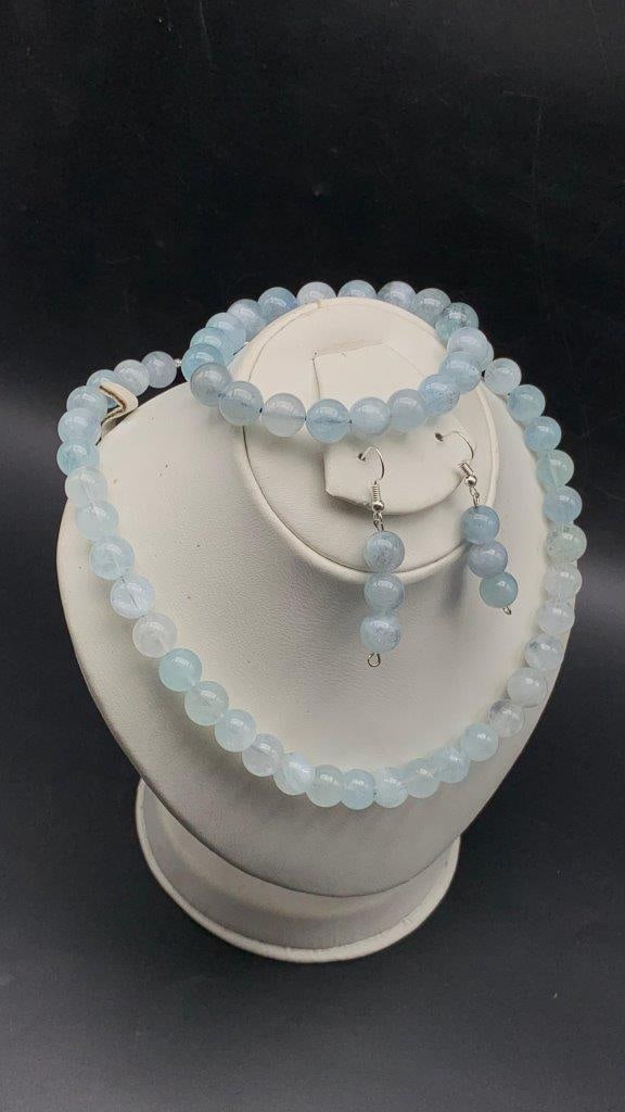 Natural Gemstone Beads Bracelet Necklace & Earrings Set Sky Blue Aqumarine JEWELRY: Natural Gemstone Beads Bracelet Necklace & Earrings Set Sky Blue Aqumarine JEWELRY Shipping: