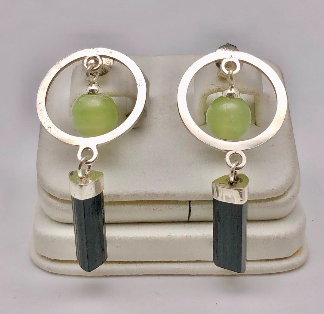 Best DESIGN EARRINGS - Jade with Black Tourmaline in Sterling Silver: Best DESIGN EARRINGS - Jade with Black Tourmaline in Sterling Silver Shipping: