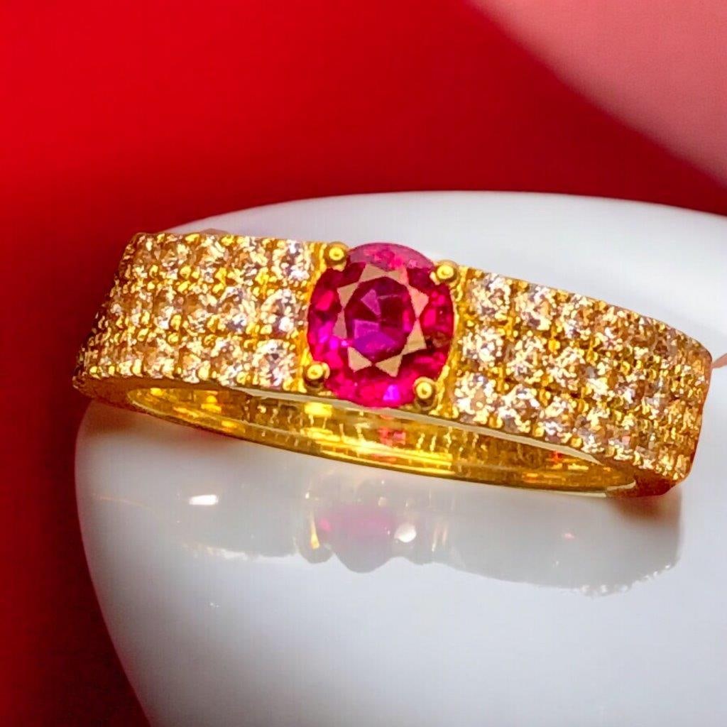 Luxury Natural Ruby & Diamond Ring – Solid 18K Gold: Elevate your collection with this Luxury Natural Ruby & Diamond Ring, expertly crafted in solid 18K gold. Featuring a vivid 0.70-carat natural ruby as the centerpiece, complemented by 1 carat of spark