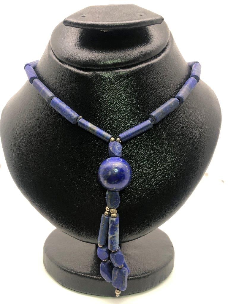 Lapis Lazuli round Bead Necklace – Natural Blue Gemstone – Vintage Estate Jewelry: an elegant hand carved lapis lazuli necklace showcasing the rich royal blue coloration for which this gemstone is prized. The stone displays natural variations and may show subtle pyrite inclusions, a
