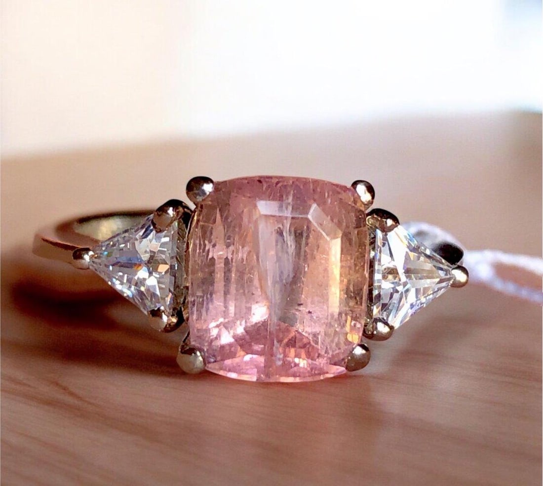 Baby Pink Tourmaline in Sterling Silver - Ring Size 8 US: Baby Pink Tourmaline in Sterling Silver - Ring Size 8 US Stone Weight: 4.35 CaratsJewelry Weight: 6.29 GramsZircons: 60 CentsMetal: Silver Choose design of your own and we will make it for youWe accep