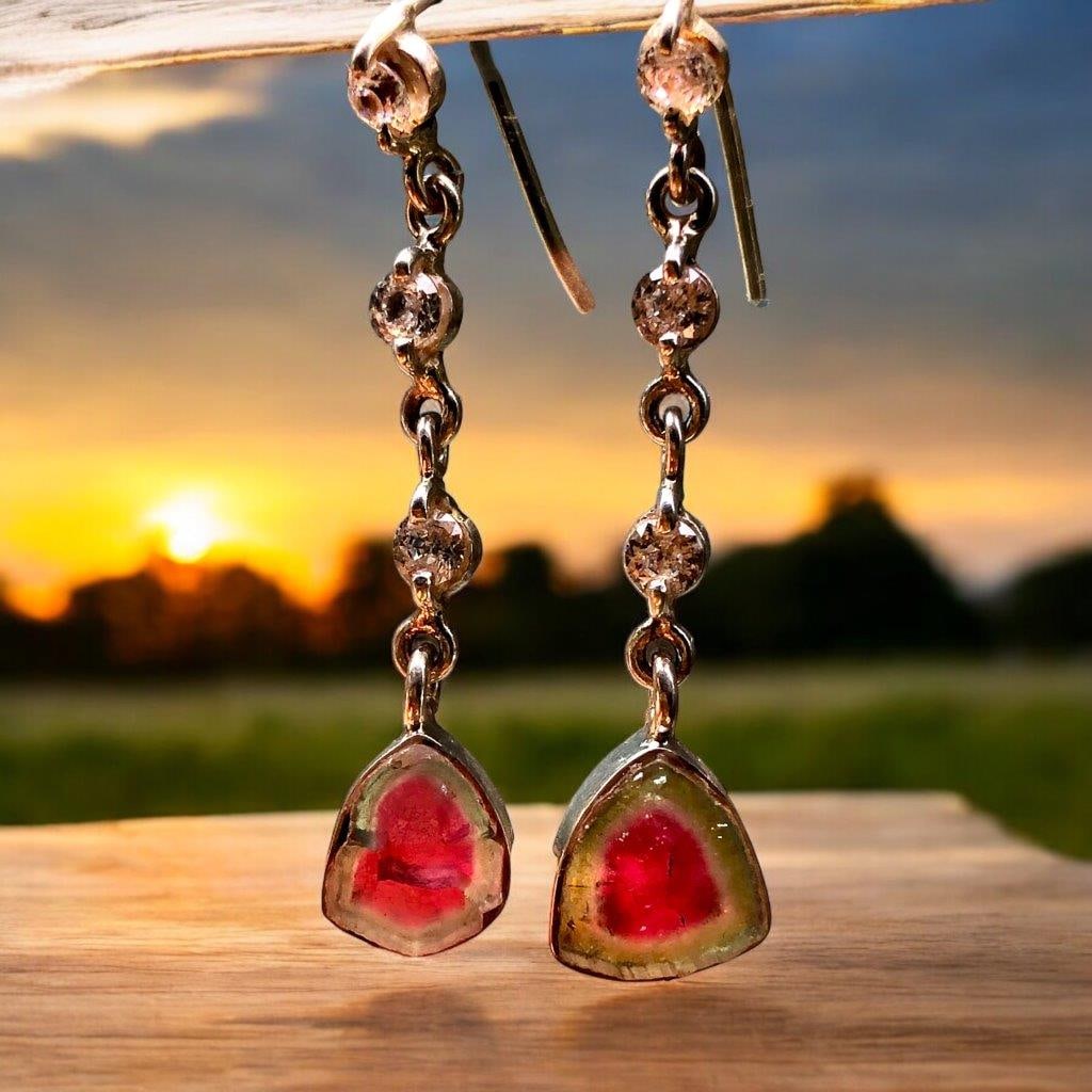 Perfect Watermelon Tourmaline Slices Earrings in Pure Silver With Zircons: Perfect Watermelon Tourmaline Slices Earrings in Pure Silver With Zircons Choose design of your own and we will make it for youWe accept custom order in Sterling Silver, Gold and Platinum in