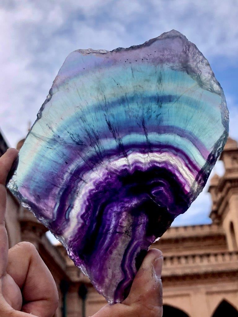 284G Natural Rainbow Fluorite Slice Polished Purple Green Banded Crystal Display Stone - 13.5X9.5X1: 284G Natural Rainbow Fluorite Slice Polished Purple Green Banded Crystal Display Stone - 13.5X9.5X1 cmShipping Rate: $35.00 .shipping rates are determined by Parcel weight and destination.Combined shi