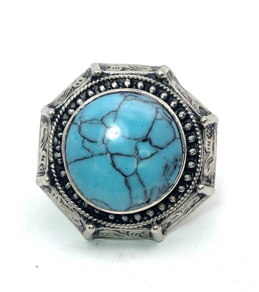 Handmade Brass Chinese turquoise Ring – Round Stone Boho Statement Ring (1 of 5)
