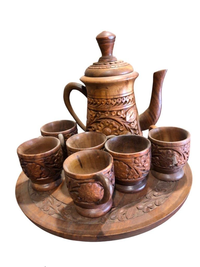 Hand Carved Wooden Tea Set with Tray (13" Tray, 10" Pot) - Rustic Kitchen Decor & Gift (1 of 5)