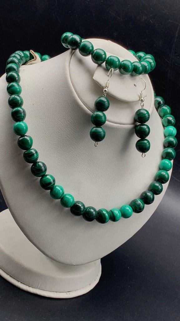 Natural Gemstone Beads Bracelet Necklace & Earrings Set MALACHITE JEWELRY: Natural Gemstone Beads Bracelet Necklace & Earrings Set MALACHITE JEWELRY Shipping: