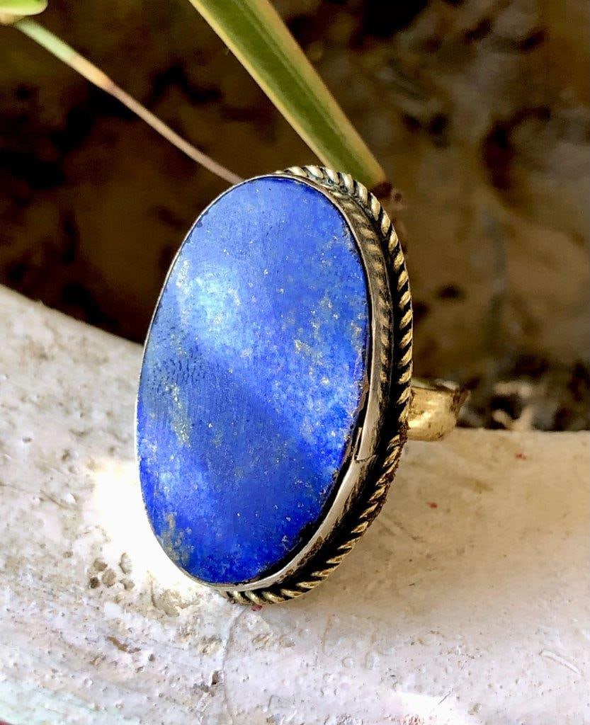 Unique Lapis Lazuli ring, filigree Brass Band ring (1 of 3)