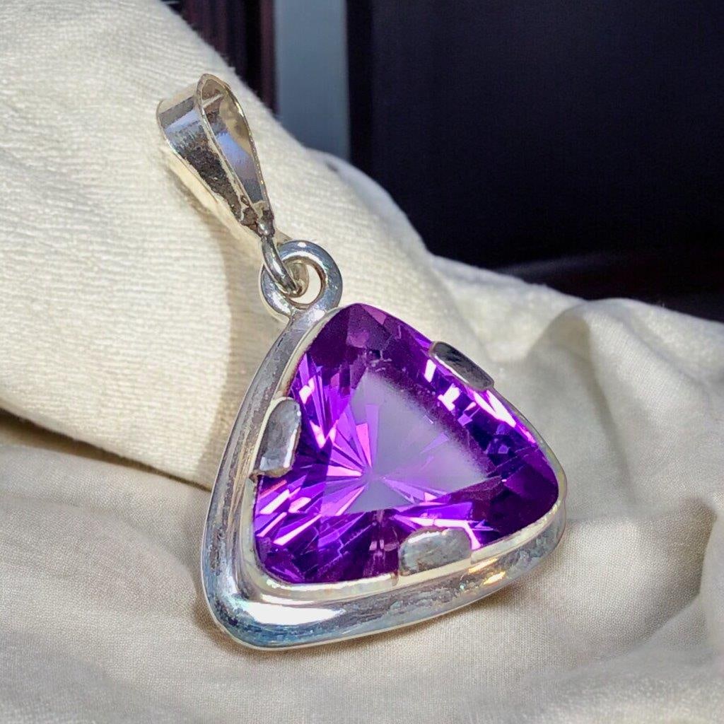 Amethyst Necklace, 925 Solid Sterling Silver, Trillion Cut Purple Amethyst Quartz Gemstone Jewelry (1 of 3)