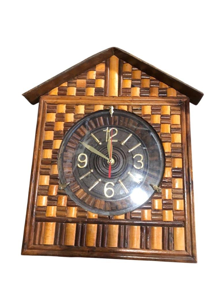 Hand Carved Wooden Wall Clock - Woven Checkerboard Design - Rustic Home Decor - 15.5" x 11.5" x 2" - (1 of 5)