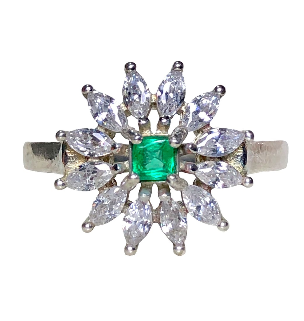 Sterling Silver Natural Emerald Ring With Zircons - RING SIZE 7.8 US Adjustable (1 of 6)