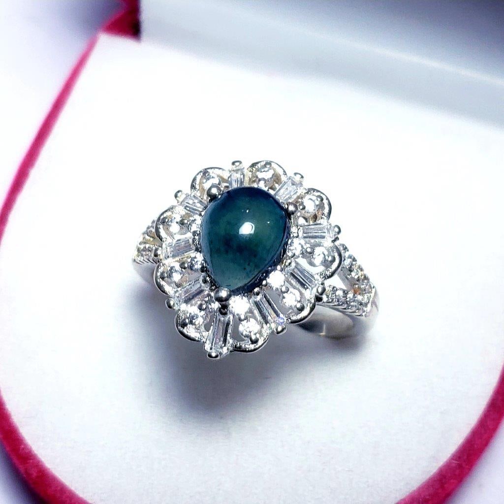 Green Tourmaline Cab Ring, 925 Sterling Silver, Pear Shape - RING SIZE 7.8 US Adjustable (1 of 4)
